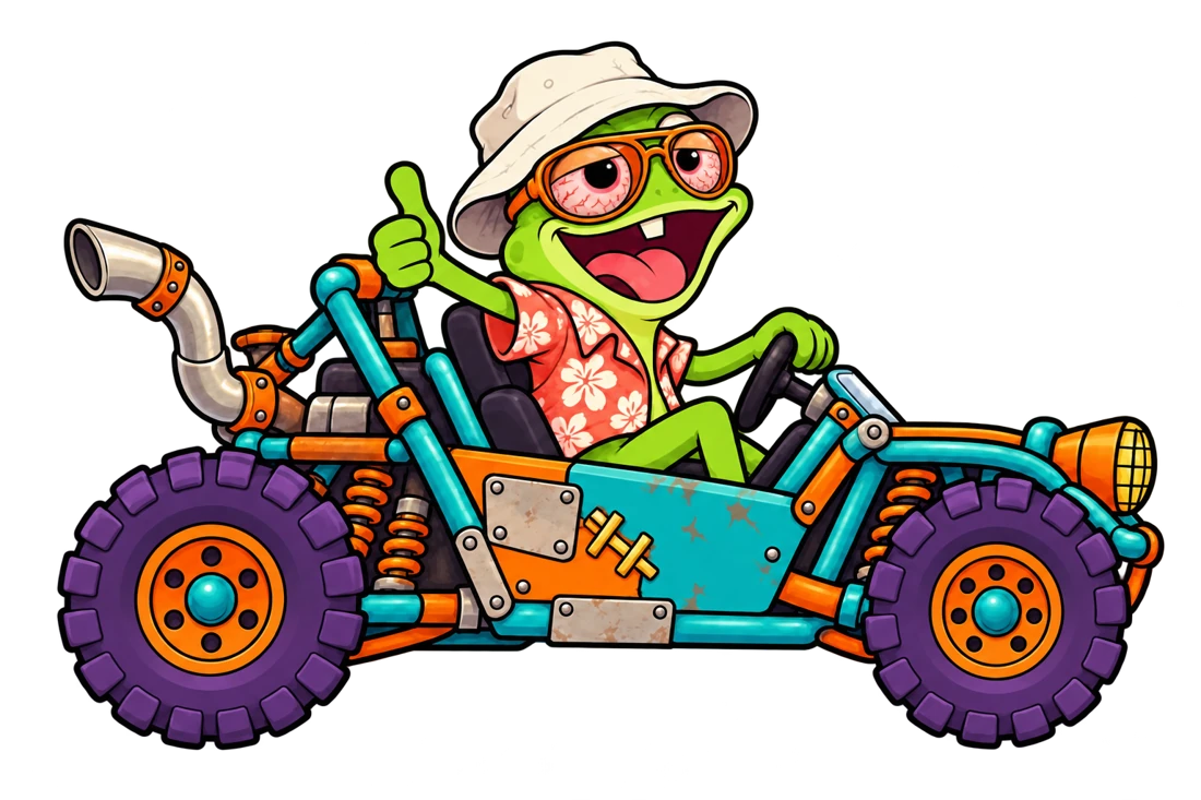 Fred climbing dunes in his psychedelic swamp buggy