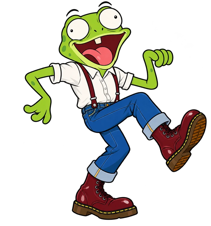 Fred in cuffed jeans, white shirt, braces and oxblood boots