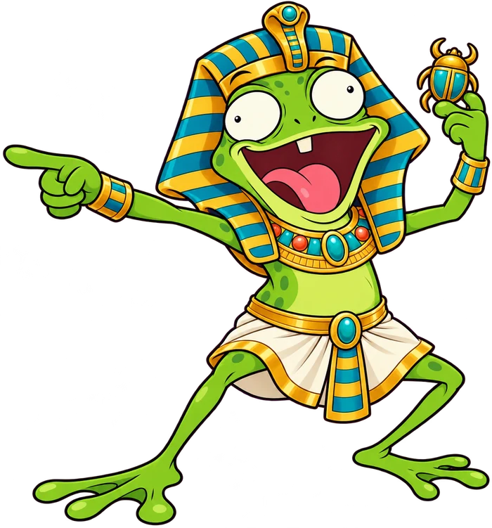 Fred wearing a turquoise and gold pharaoh headdress and holding a golden scarab