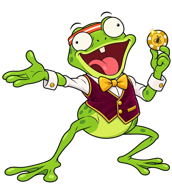 Fred the frog croupier wearing a plum waistcoat and gold bow tie